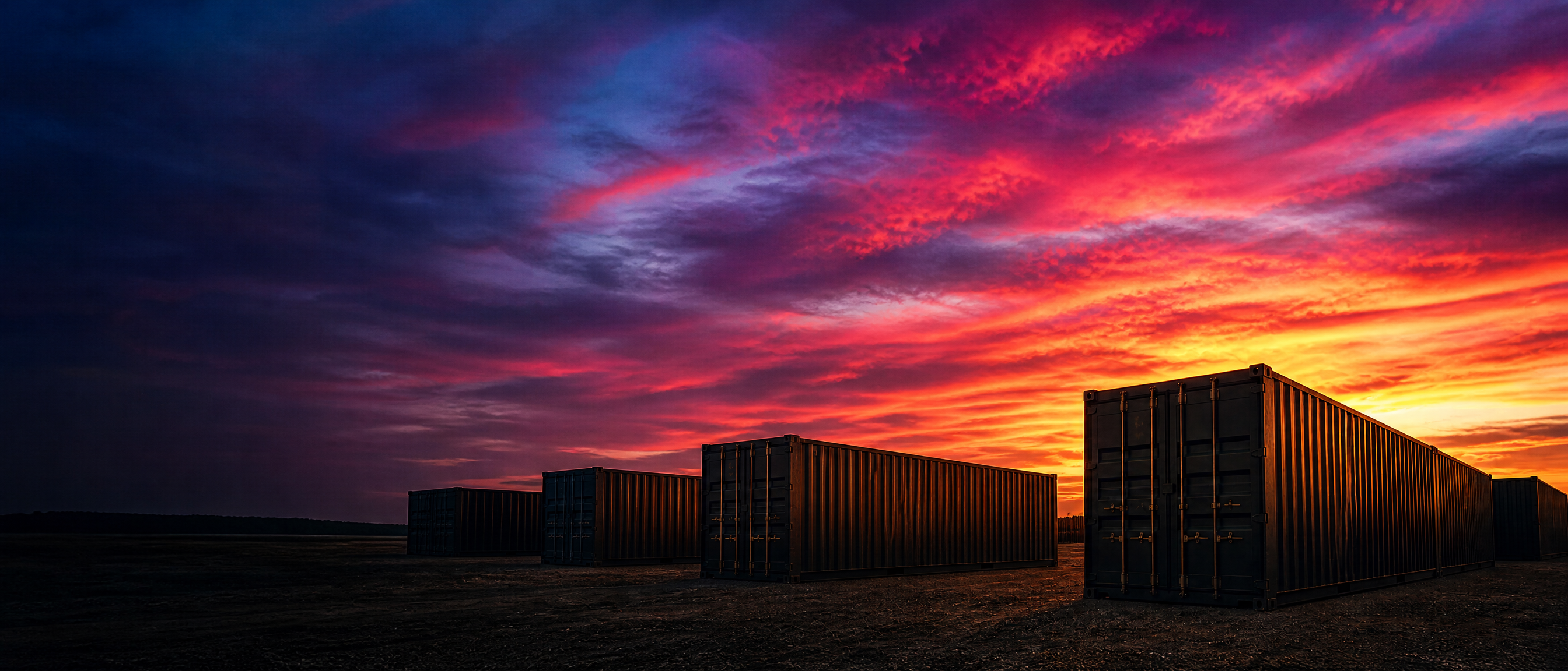 Shipping containers for sale in Texas in front of a vivid sunset